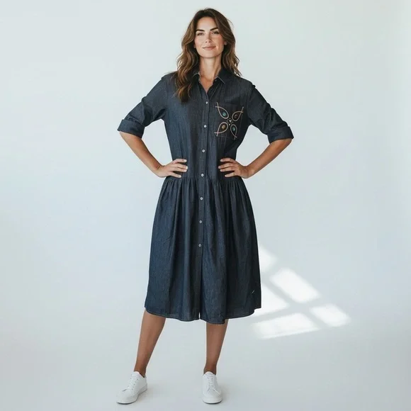 Oscar de la Renta for SWIRL Made USA 🇺🇸 Black Denim Shirt Dress Size M Vintage - Picture 1 of 13